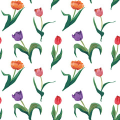 Seamless pattern of hand-painted watercolor tulips in red, purple, pink, and orange on a white background, featuring alternating flower directions and lush green leaves