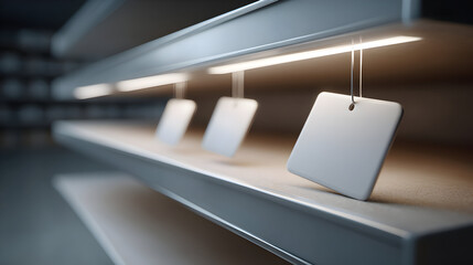 Fototapeta premium Empty white tags hanging from shelves illuminated by soft light in a modern retail space, showcasing minimalistic design and potential for branding opportunities