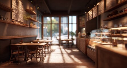 Sunlit cafe interior, wooden furniture, pastries displayed