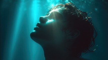 Backstroke swimmer seen from beneath the water