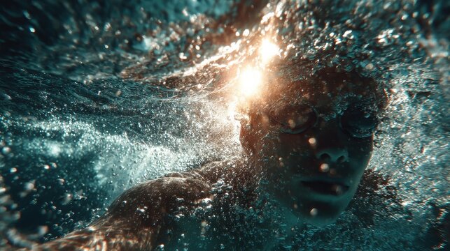 Backstroke swimmer seen from beneath the water