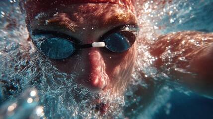 Backstroke swimmer seen from beneath the water