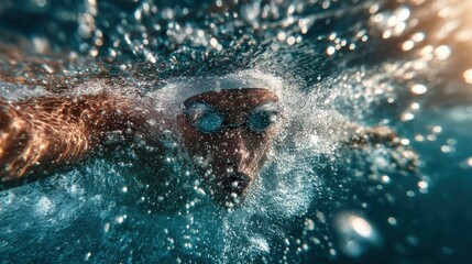 Backstroke swimmer seen from beneath the water