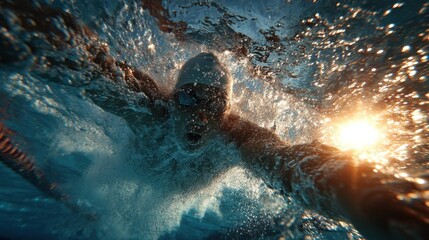Backstroke swimmer seen from beneath the water