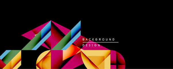 Abstract geometric shapes overlap, creating vibrant color contrasts against dark background. Modern design elements suggest dynamic composition, visual energy.