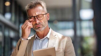 Stressed Businessman with Tablet in Modern Office