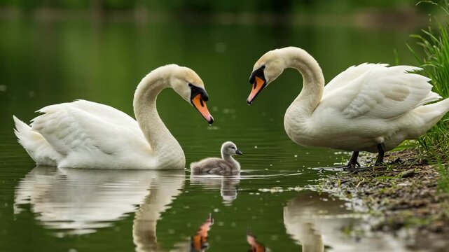 Family of swans gathered around a cygnet by the lake, touching and watching tenderly. Emotional wildlife scene in photorealistic 3D, with soft reflections and serene natural setting.

