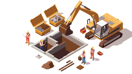 Isometric view of construction site with excavator workers and building materials present in the scene
