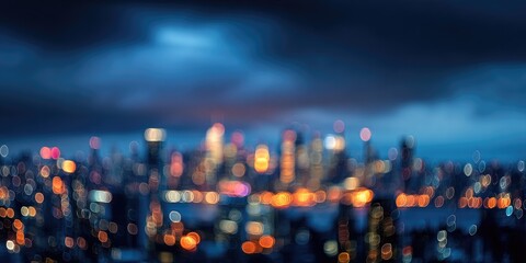 Blurred city skyline at twilight, bokeh effect