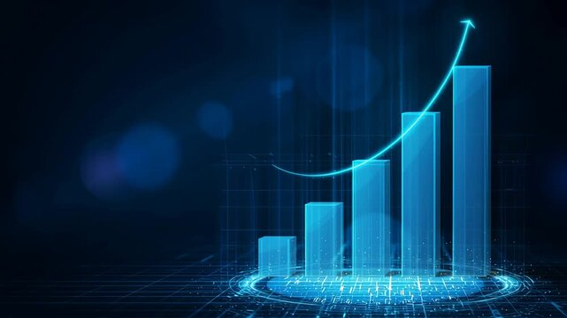 Digital data visualization showcasing a futuristic blue bar graph with ascending values, representing growth and progress in analytics, set against a dark background with glowing elements and grid lin