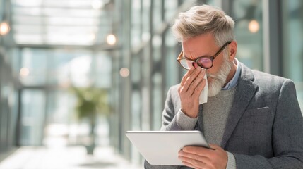 Businessman with Cold Sneezing in Office