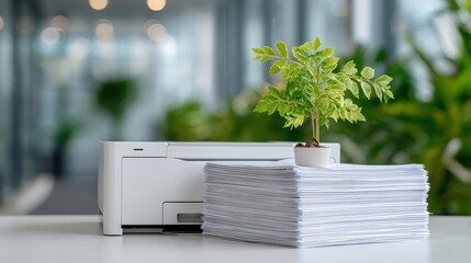White printer next to a plant and stack of paper on table. It's perfect for green office and reducing paper usage themes.