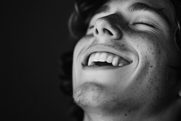 Extreme closeup of person laughing smiling showing positive expressing pure joy happiness generative ai