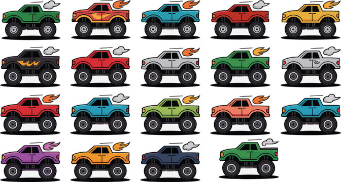 Monster Truck Vector Set with Colorful Designs 
