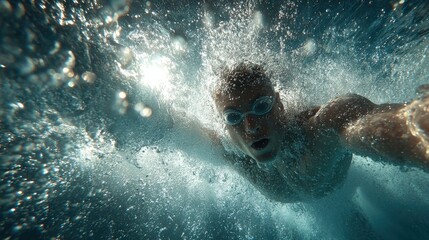 Swimmer pushing forward under the waves, strong pose