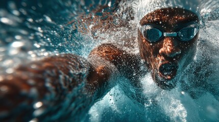 Swimmer pushing forward under the waves, strong pose