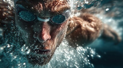 Swimmer pushing forward under the waves, strong pose