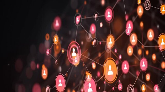 Sleek, dark background with glowing orange and pink social media icons connected by thin lines, representing the concept of digital network and community building in marketing