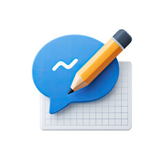 A blue speech bubble, a pencil, and gridded paper, suggesting communication and note-taking