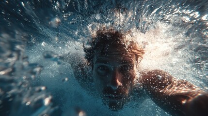 Underwater scene, person swimming toward camera, slow motion effect 