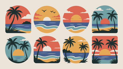 Obraz premium Vintage beach vector icons with palm trees and sunset 
