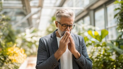 Mature Man Sneezing in Indoor Garden Setting