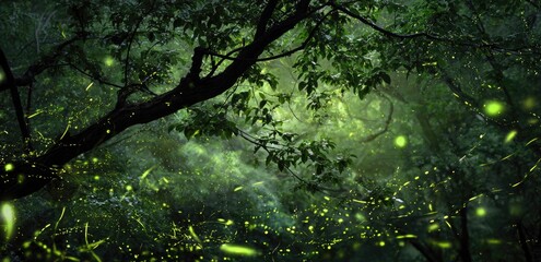 Fototapeta premium Enchanting forest scene at night, glowing fireflies