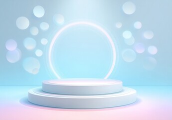3D render of a podium with a glowing, pastel light blue background, holographic and white circular shapes, a minimalistic scene. Vector illustration with pastel colors on a white.