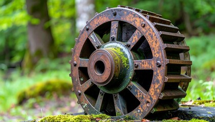 Rusty gear wheel in forest