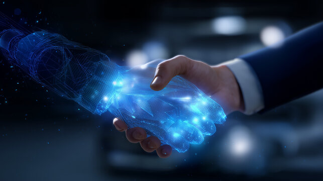 Human and robotic hand shaking with glowing effects in online transaction