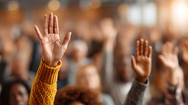 Audience Participation Diverse People Hands Raised Conference Meeting Active Q A Session Engaged Attendees Business Seminar Group Discussion - Powered by Adobe
