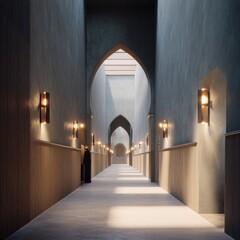 Fototapeta premium Long, dimly lit hallway with arched doorways and subtle lighting