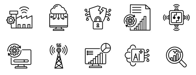 Smart industry technology icon set modern industrial line illustration collection with ai, cloud, 5g, automation, big data, and cybersecurity elements for digital transformation projects
