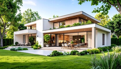 Modern two-story home with open floor plan, patio, and lush landscaping