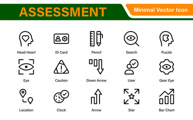 Assessment icon set. Includes icons for evaluations, audits, financial reviews, inspection reports, performance scoring, grading, and risk analysis tools.