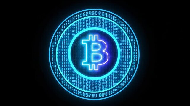 Dynamic Animation of a Glowing Neon Bitcoin Symbol Revealed from a Digital Binary Code Stream
