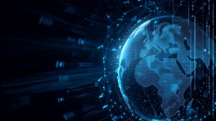 Digital technology background with a globe and data connections, in a dark blue color scheme, and digital code on the right side of the screen - Powered by Adobe
