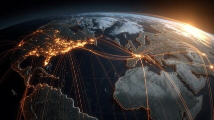 Digital map of the United States with glowing connections to global islands, representing connectivity and data flow between various military base cities across America - Powered by Adobe