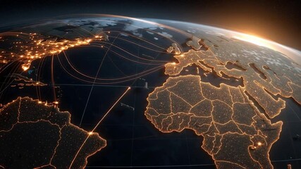 Digital map of the United States with glowing connections to global islands, representing connectivity and data flow between various military base cities across America - Powered by Adobe