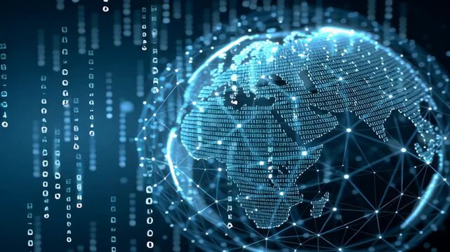 Digital globe with global network connections and binary code background on blue, representing digital marketing in the world of technology - Powered by Adobe