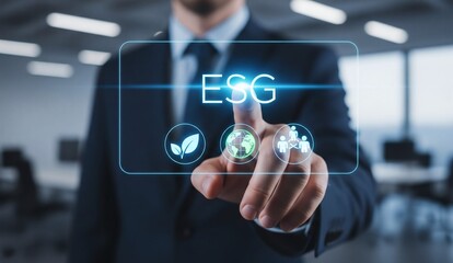 Sustainable technology and ESG data interface concept with futuristic digital graphics and environmental analytics on screen in business setting. 