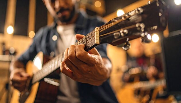 Musician playing acoustic guitar in recording studio - Powered by Adobe