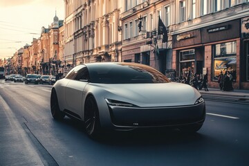 Fototapeta premium Sleek silver electric car driving on a city street image