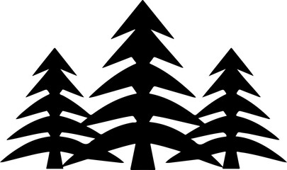 Three stylized evergreen trees stand tall against the sky