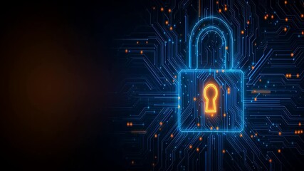 Digital background featuring an abstract digital padlock and circuit board, representing cybersecurity in technology - Powered by Adobe