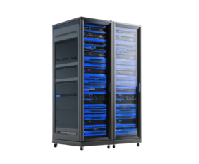 Gray server rack with blue illuminated components