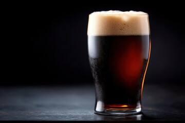 A tall glass of dark beer with a frothy head rests on a dark surface against a black backdrop