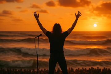 Fototapeta premium Silhouette of Musician at Sunset Beach Concert
