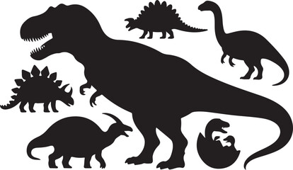 Vector illustration of dinosaur silhouette including Stegosaurus, Brontosaurus, Velociraptor, Triceratops, Tyrannosaurus rex, and Spinosaurus