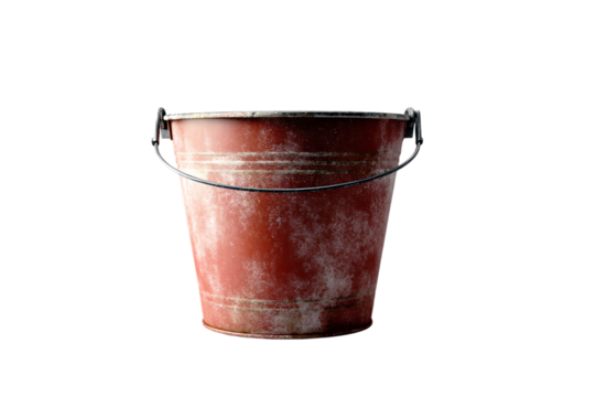 A Weathered Red Metal Bucket, Showing Signs of Age and Use  Isolated on transparent background, cutout	